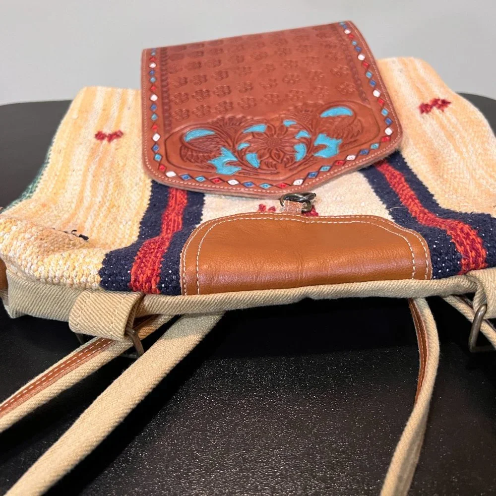 Boho western woven backpack tooled leather flap Aztec southwestern festival bag